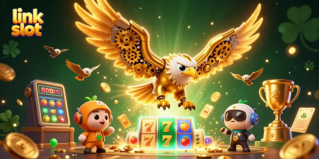 Spin the link slot reels with excitement in this vibrant 3D casino illustration.