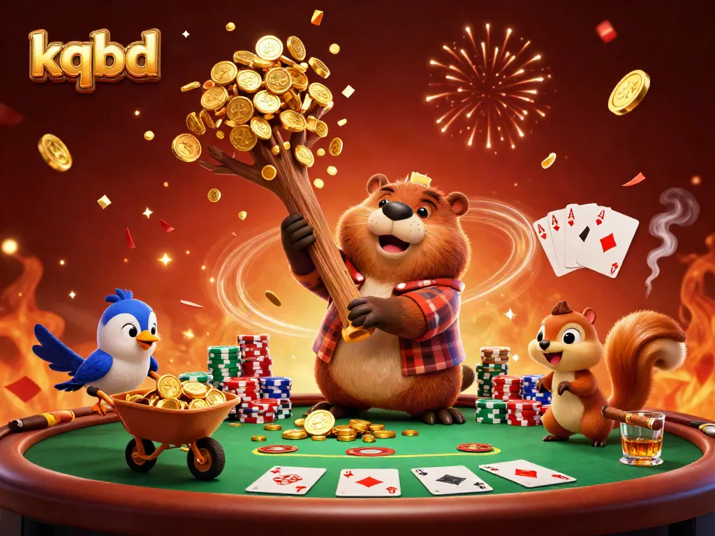 KQBD features a cartoon beaver and friends in a dynamic casino scene showing gold coins raining, poker elements, and festive atmosphere.