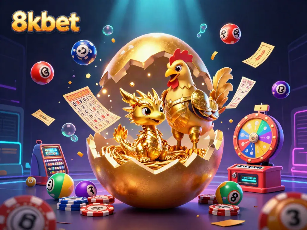 Engage with thrilling games at 8xbet, where a golden egg reveals a dazzling dragon amidst vibrant lottery elements.