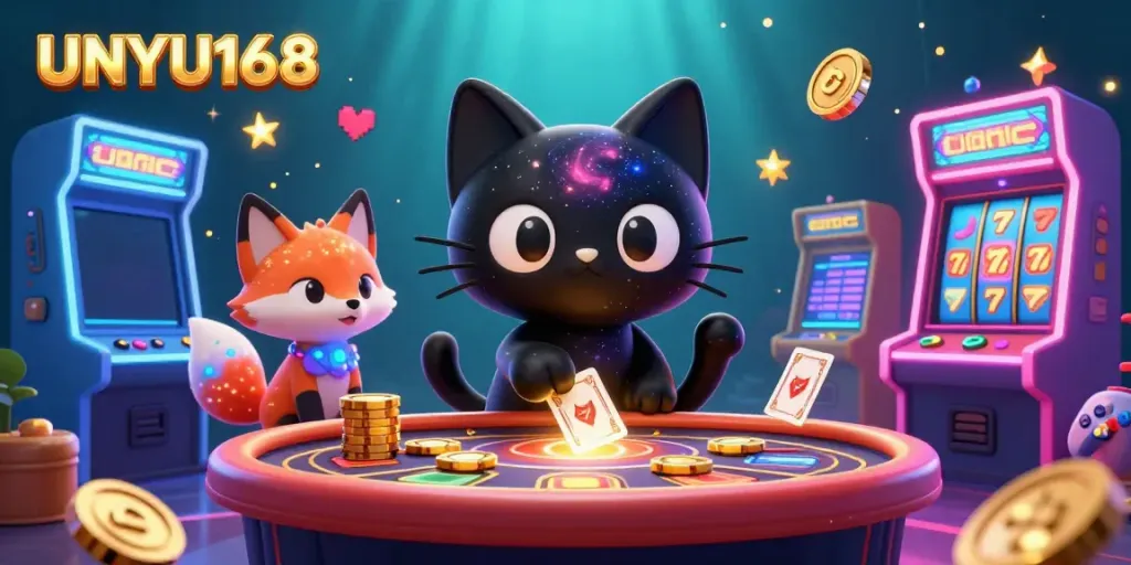 Permainan slot menyenangkan di UNYU168 dengan karakter kucing lubang hitam dan rubah nebula, mengumpulkan chip emas.