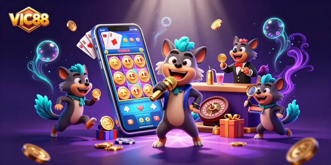 VIC88 hyenas entertain and mix drinks in a lively online casino scene