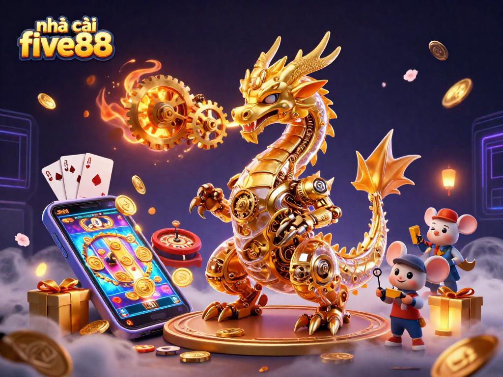 Experience the excitement of nhà cái five88 with a vibrant 3D gaming scene featuring a dazzling dragon and slot games.