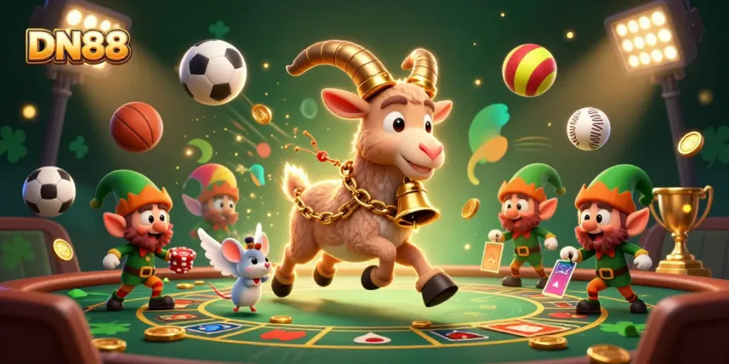 Experience thrilling cockfighting action at DN88's vibrant casino with festive 3D characters.