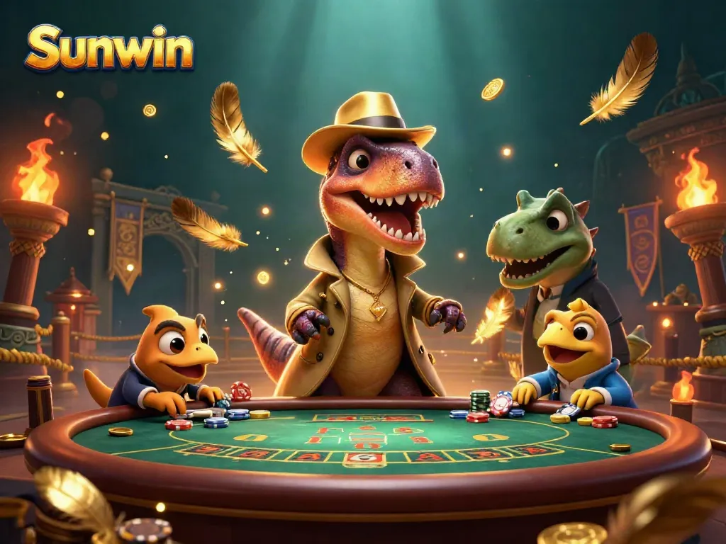 Sunwin players engage in thrilling blackjack, with a velociraptor counter and stegosaurus pit boss in a vibrant casino