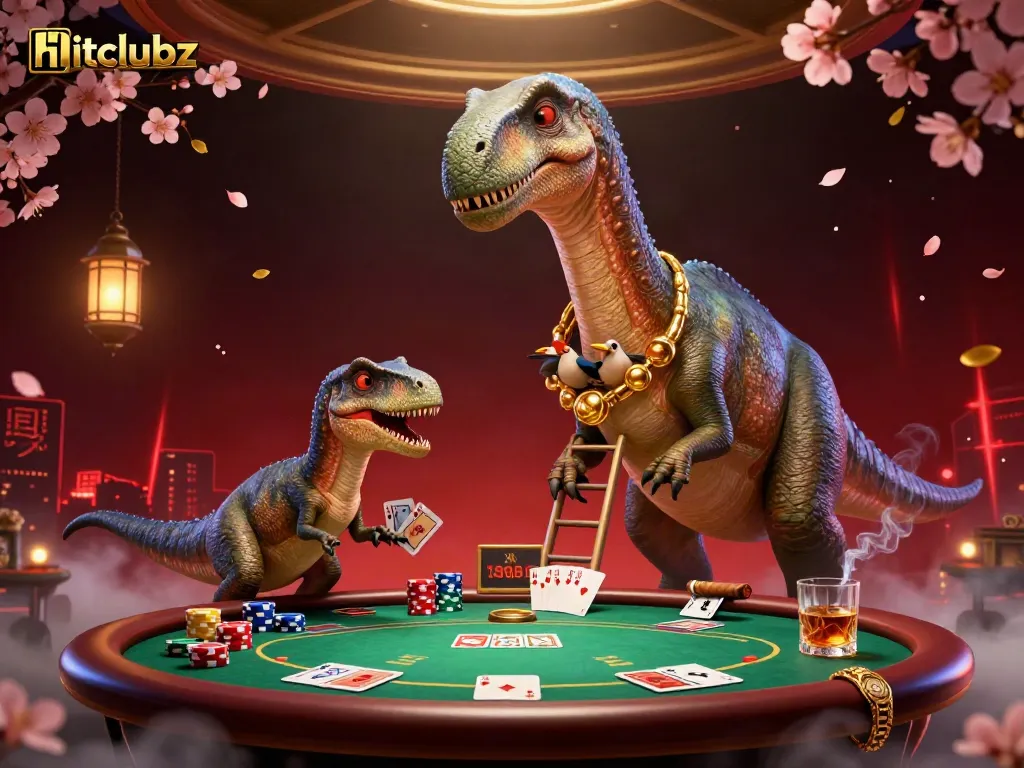 Experience thrill at hitclubz with a 3D cartoon brontosaurus overseeing a dynamic poker game scene.