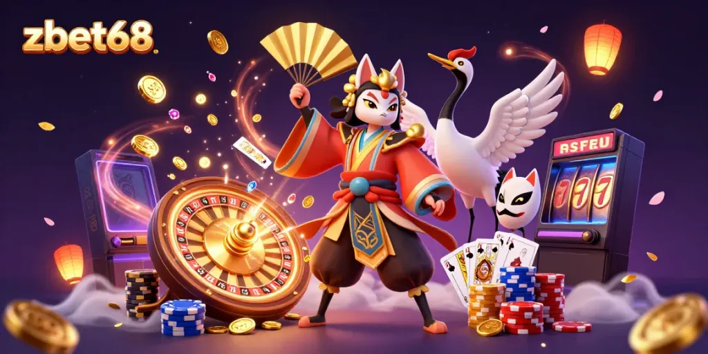 Experience the thrill of zbet68 with vibrant casino characters surrounded by golden coins and rich gaming elements.