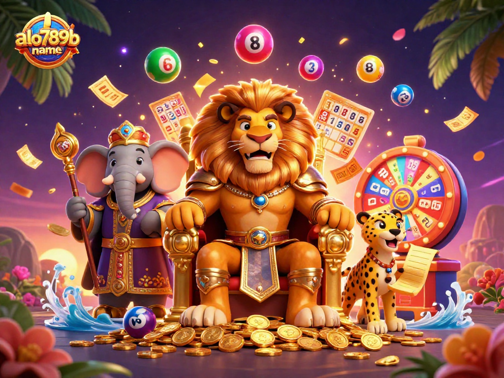 Engage with the enchanting world of gaming at alo789b name, where a lion king reigns in golden splendor amidst vibrant casino elements.
