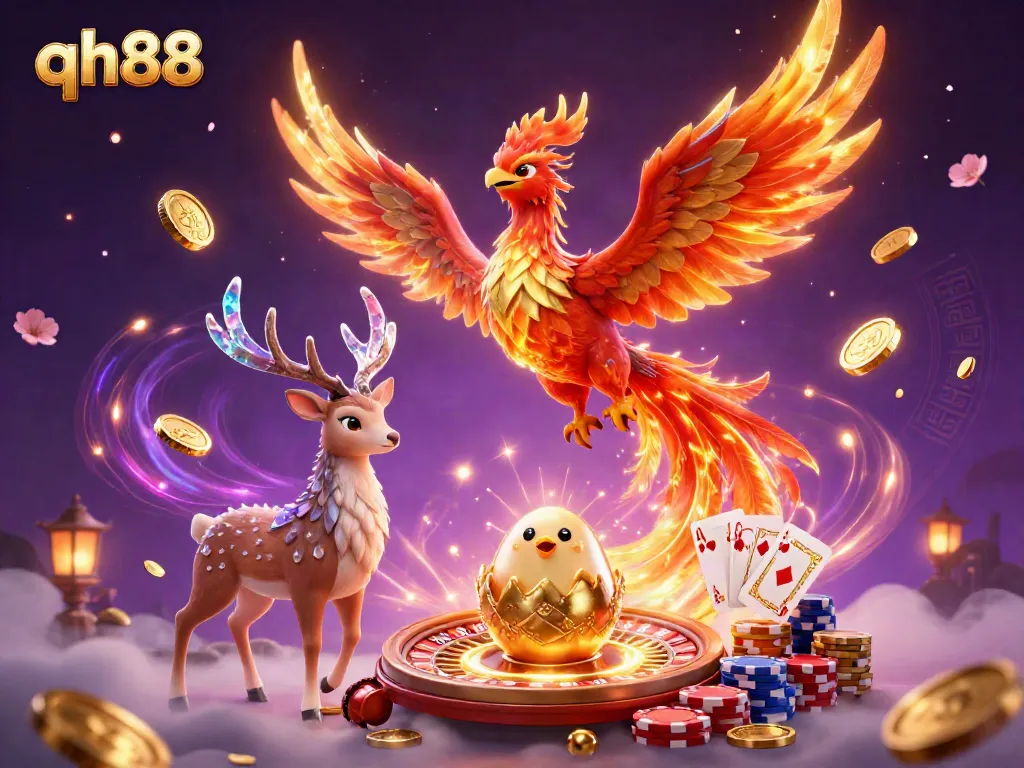 Engage in the excitement of qh88 with a soaring fire phoenix, golden coins, and vivid casino elements.