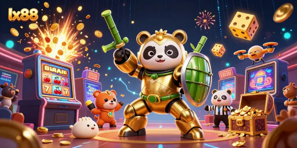 Experience thrilling casino action with lx88 in a vibrant 3D scene featuring a golden panda and jackpot excitement.