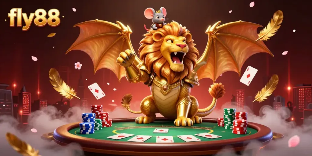 Win big at fly88 with an epic 3D gaming scene featuring a chimera and poker elements.