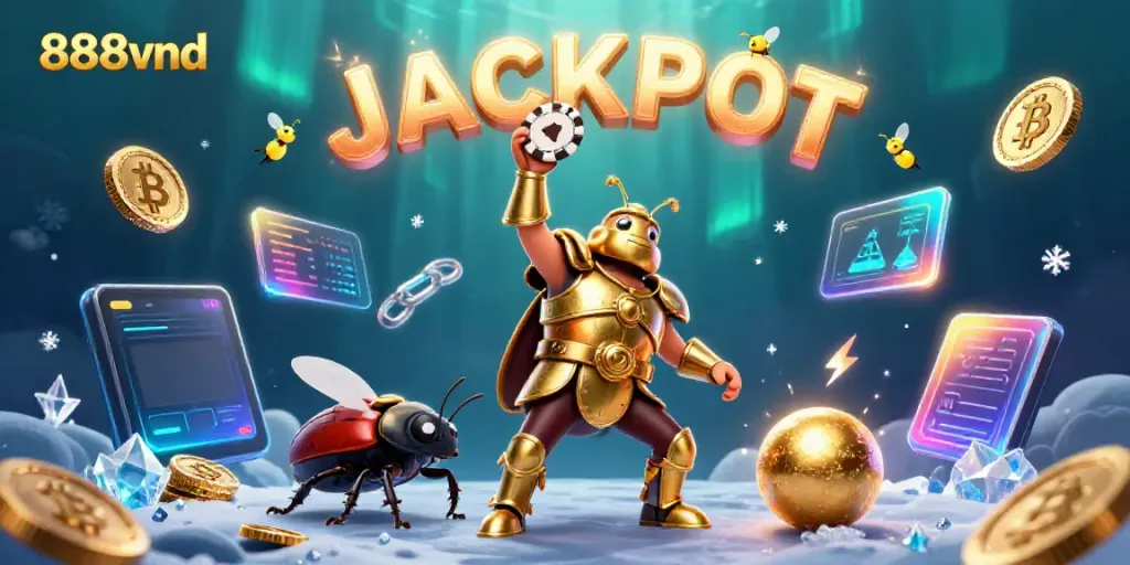 Spin and win with 888vnd’s victorious beetles amidst glowing crypto elements in this vibrant casino scene.