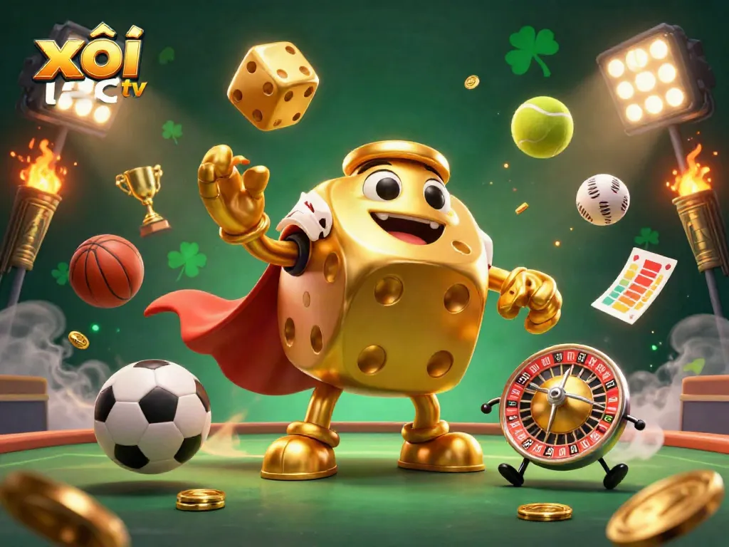 Xôi Lạc TV showcases an exciting 3D sports betting scene with vibrant characters and dynamic elements.