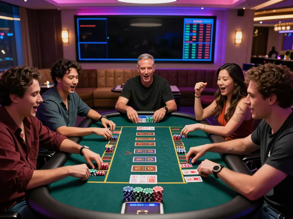 Players enjoying the sapporo88 online gambling experience in a vibrant gaming lounge filled with energy and excitement.