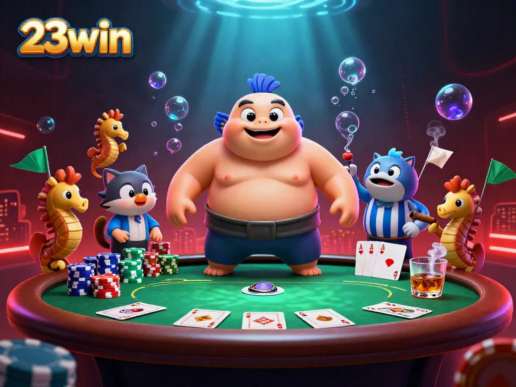 Bettors enjoy a game at 23win with a fugu and wise catfish referee in a colorful underwater casino scene