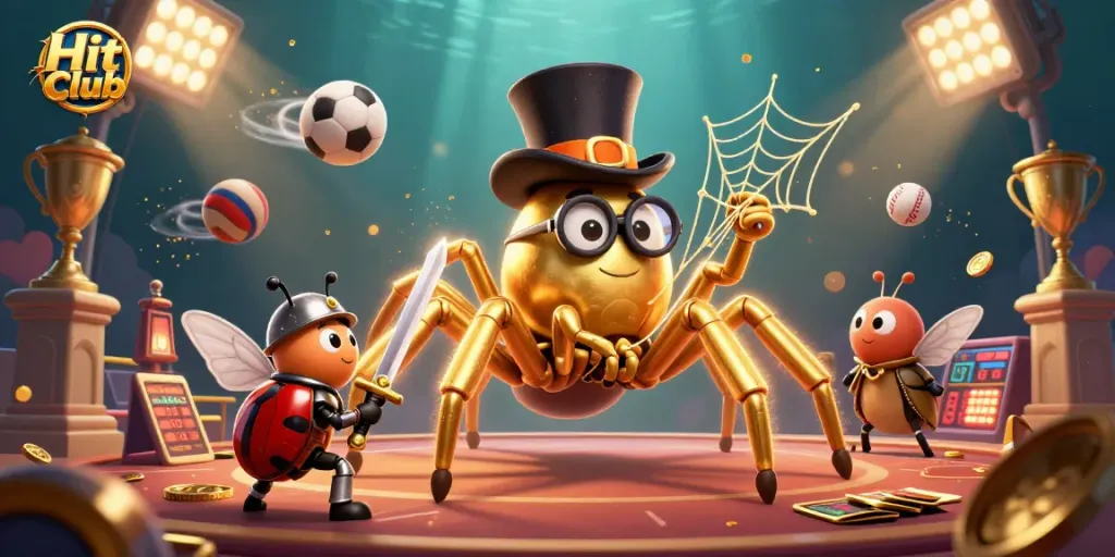 Hit Club showcases a vibrant casino scene with a golden tarantula and dynamic game elements.