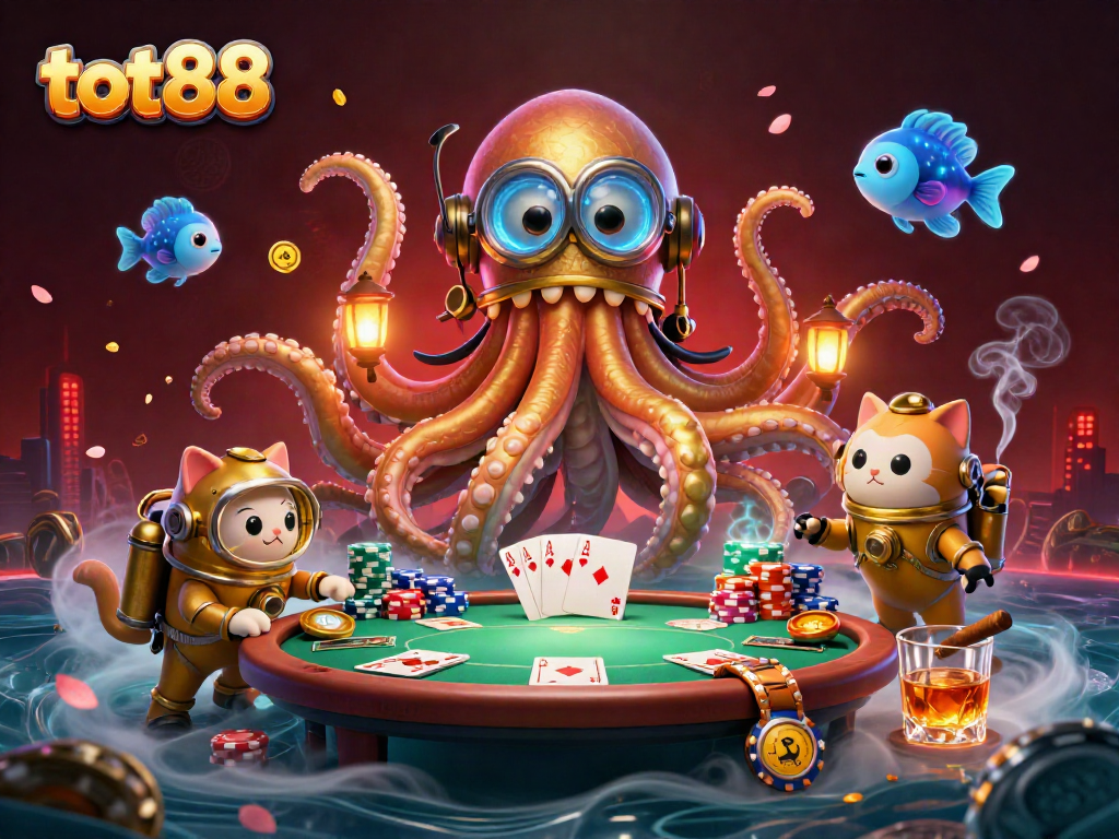 Experience thrilling poker action with tot88 featuring a kraken, diving cat, and dazzling casino elements.