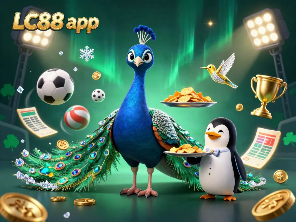 Experience the excitement of the LC88 app with a vibrant illustration featuring a peacock, a penguin, and dynamic gaming elements.