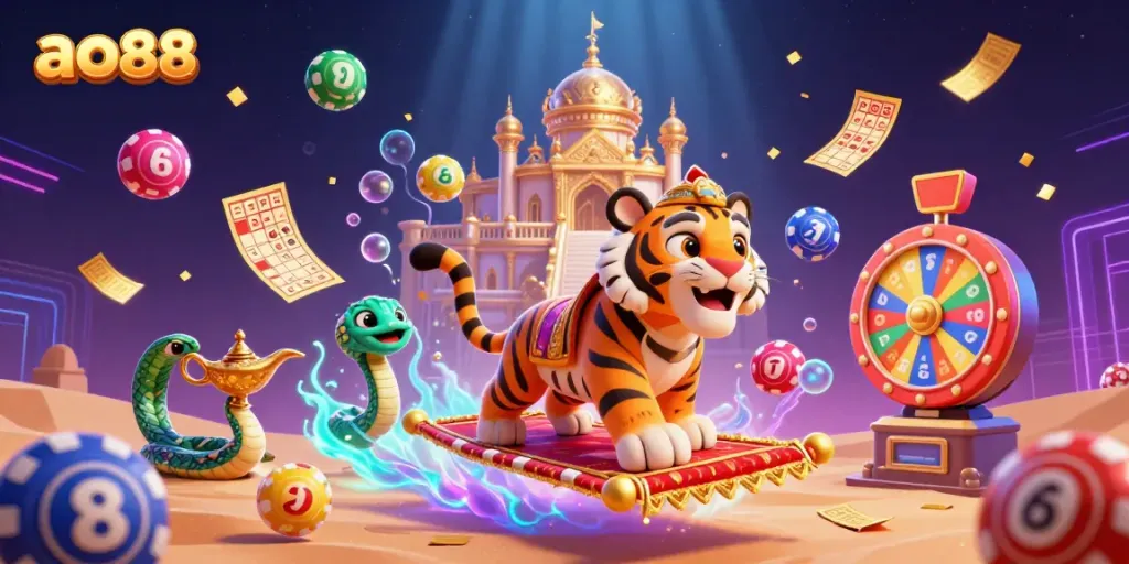 Experience thrilling games at ao88 with colorful elements and dynamic visuals in a vibrant casino scene.
