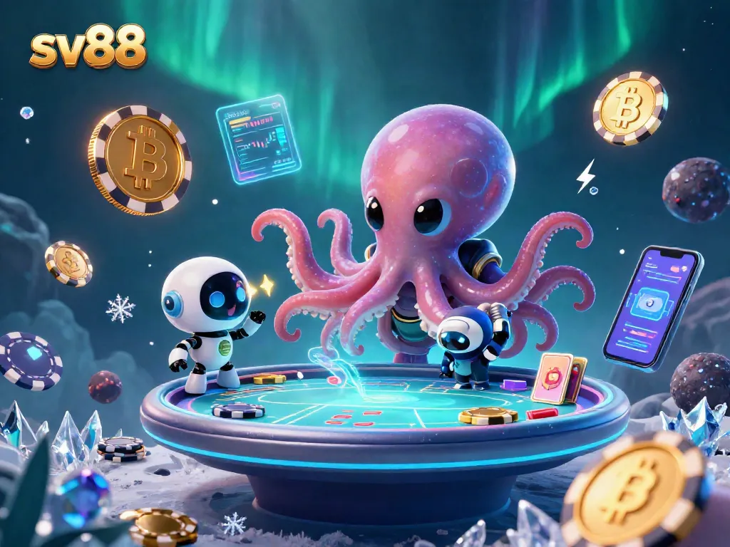 Engage in thrilling poker action at sv88 with an alien octopus and vibrant digital elements.