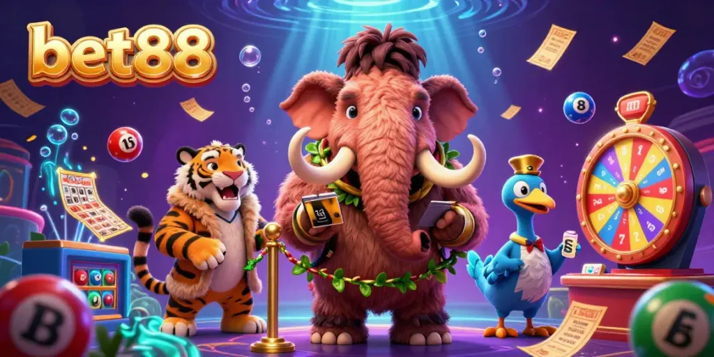 Experience thrilling casino excitement with bet88 illustrated by whimsical characters, lottery elements, and vibrant prizes.