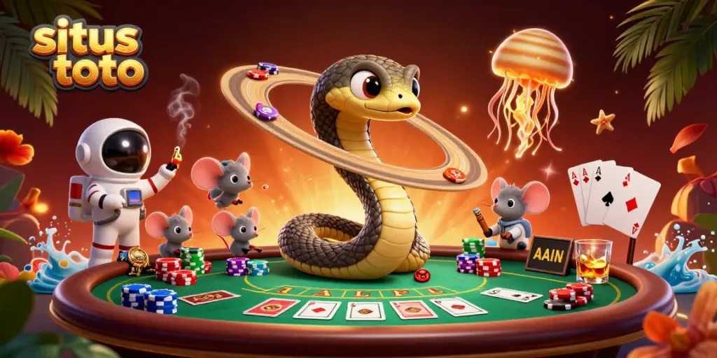 Engage in unique gaming experiences with situs toto featuring a cosmic dealer in a vibrant casino scene.