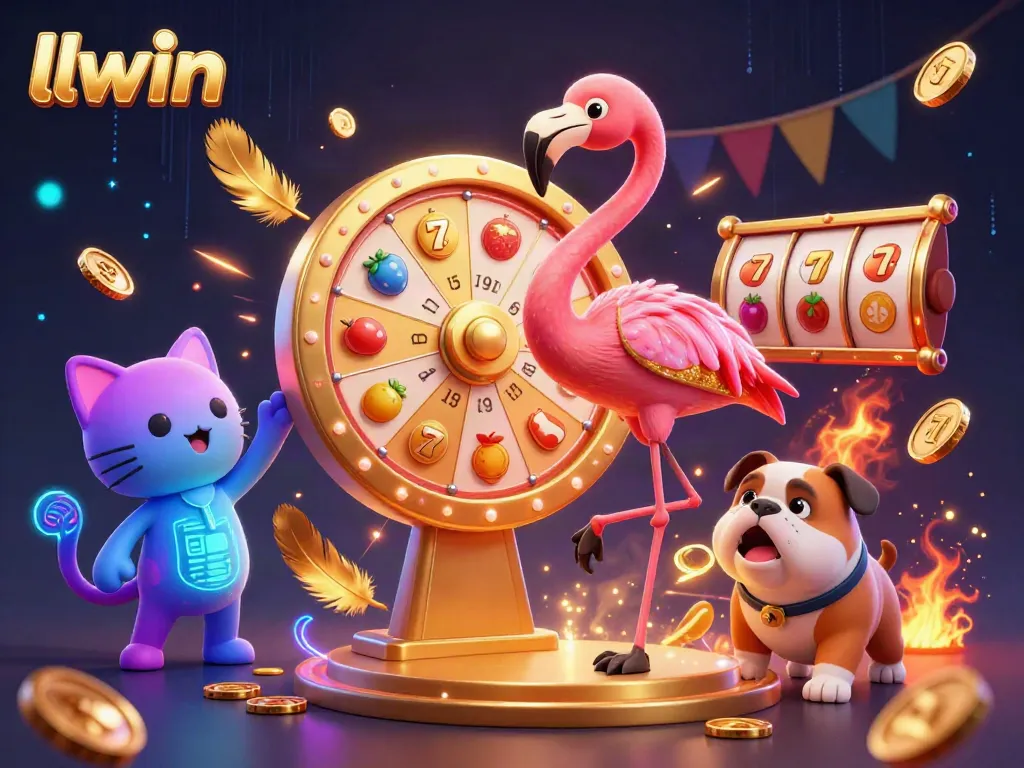 Engage with llwin's casino excitement through a vibrant illustration featuring a friendly flamingo host and energetic bulldog contestant.