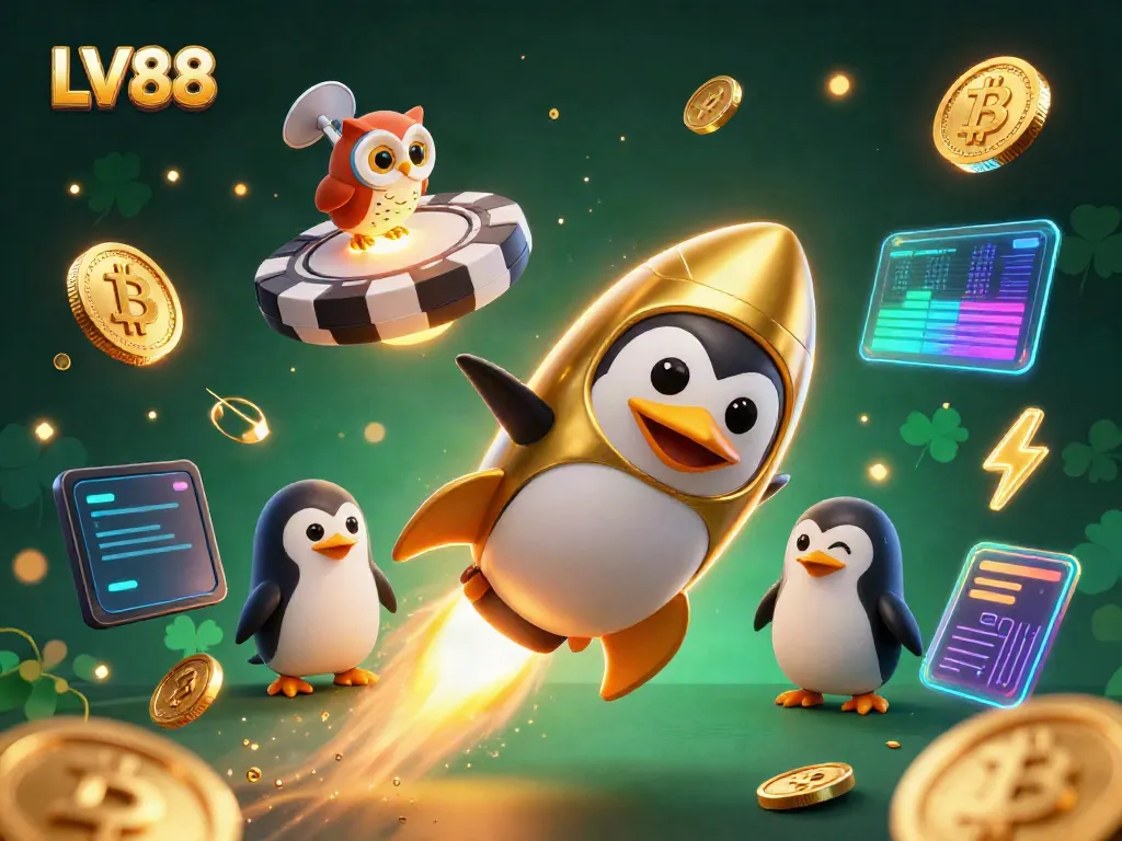 LV88 penguin soaring towards a casino space station amidst Bitcoin and Ethereum, showcasing vibrant casino gaming.