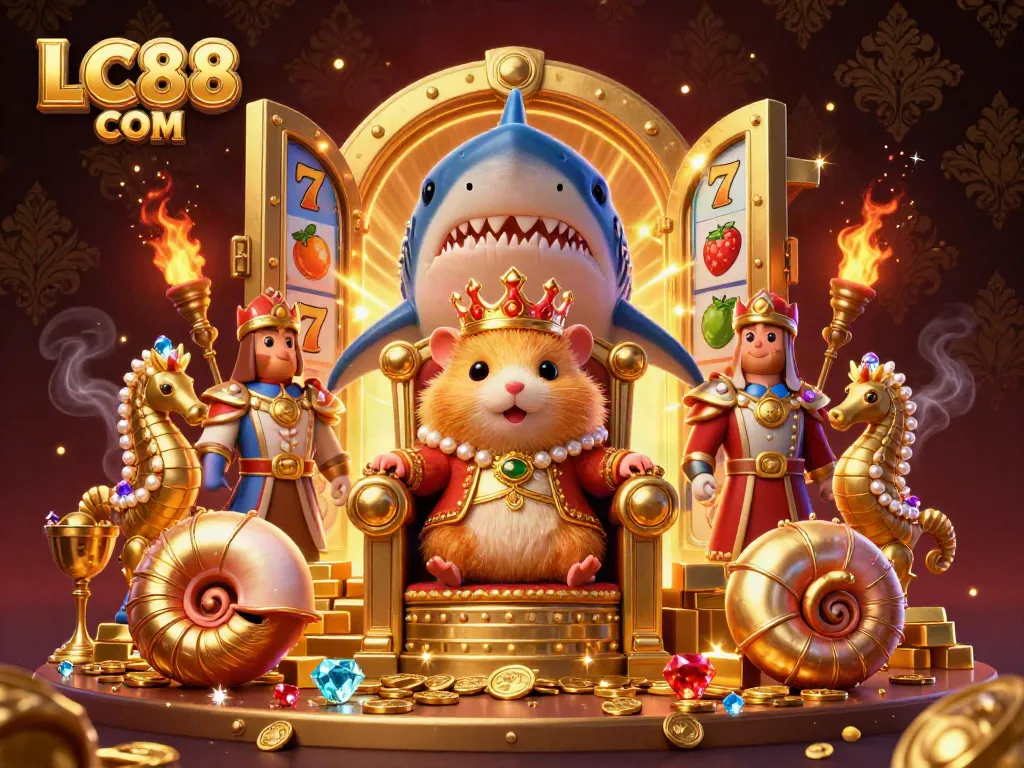 Experience thrilling jackpots with LC88 COM featuring a golden hamster king and vibrant casino elements.