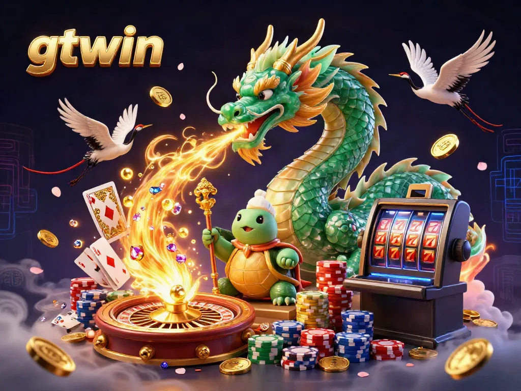 Engage in exhilarating gameplay with gtwin's vibrant jade dragon and lucky symbols sparkling amidst casino elements.