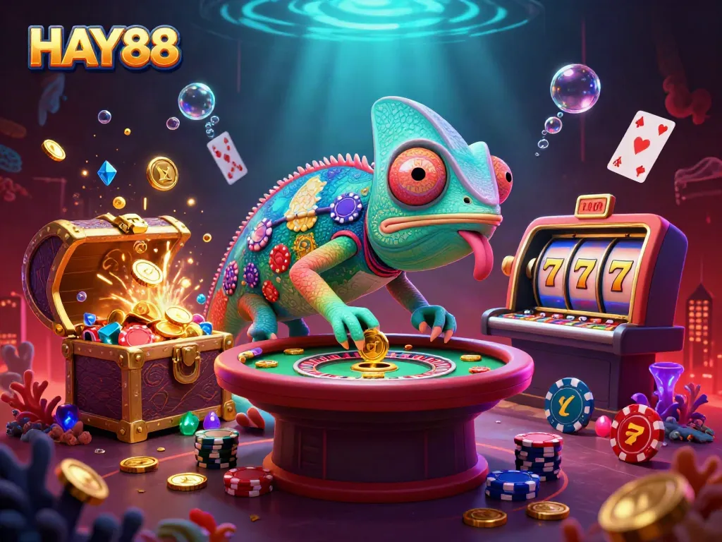 Experience the excitement of HAY88 with a vibrant chameleon casino scene packed with gaming elements.