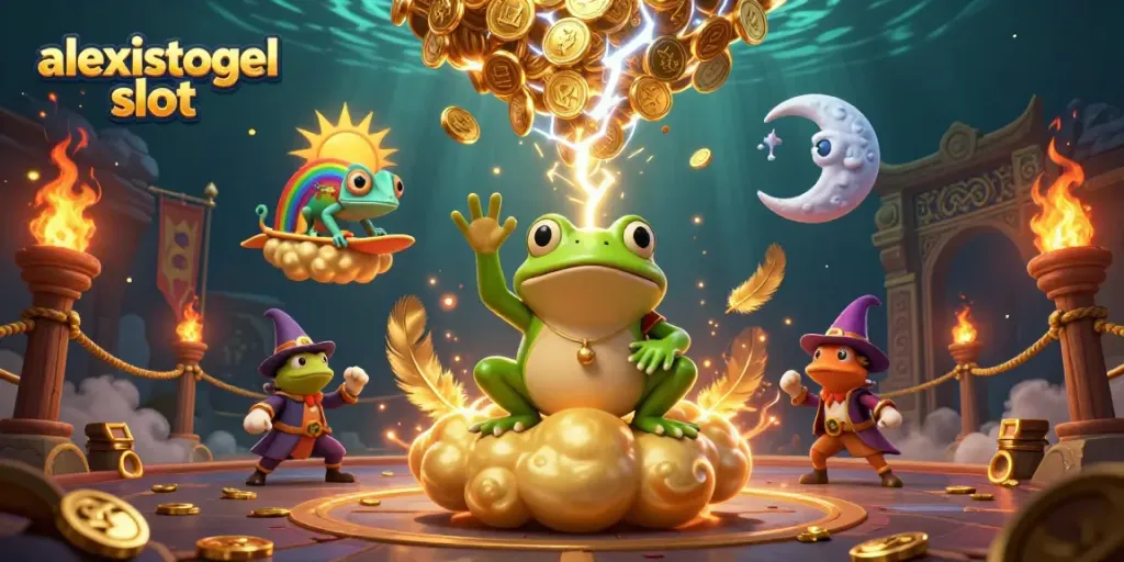 Slot permainan alexistogel slot dengan penyihir katak membawa koin emas dan chameleon pelangi di atas awan.