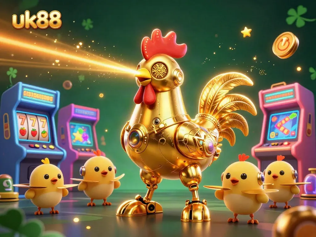 Experience the excitement of uk88 casino with a golden rooster robot and arcade game elements!