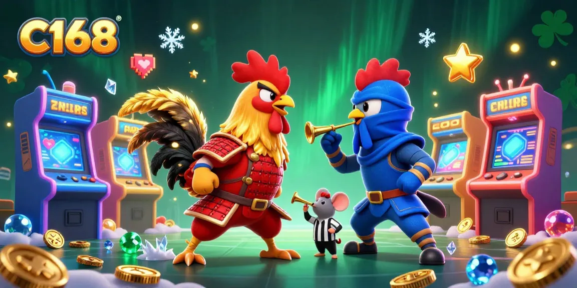 C168 showcases intense rooster combat with samurai and ninja themes amid vibrant casino elements.