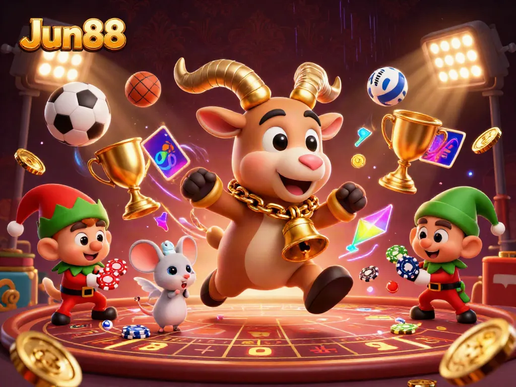 Experience an engaging scene at Jun88's casino with festive characters and dynamic sports action.