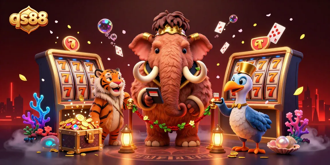 Experience the vibrant qs88 casino scene with a mammoth bouncer and VIP guests amidst dynamic game elements.