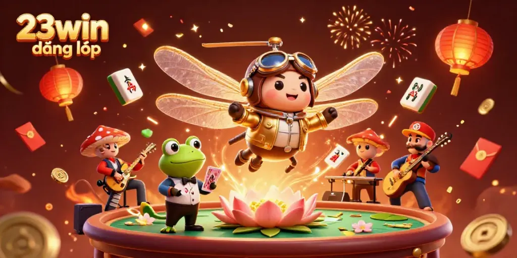 Engage in thrilling gameplay with 23win đăng nhập at a vibrant lily pad casino featuring festive characters.