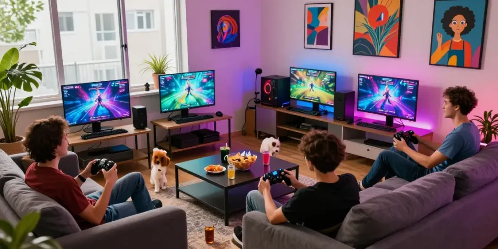 Gathering of friends enjoying digital entertainment with harta88 gaming screens and vibrant atmosphere.