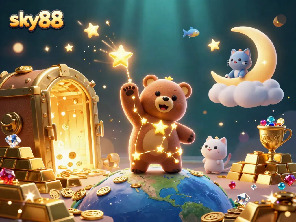 Experience sky88's thrilling online gaming with a vibrant 3D illustration of energetic characters collecting coins.