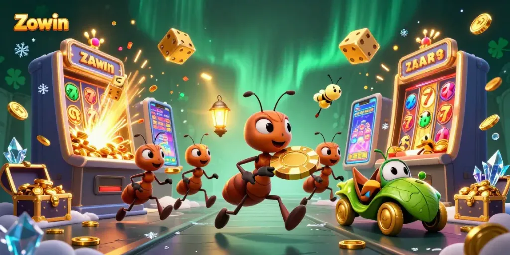 Join Zowin's thrilling adventure with cartoon ants in a lively casino heist scene, capturing excitement.