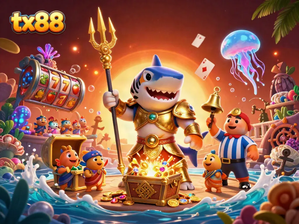 Win big with tx88 in this vibrant underwater casino scene featuring a shark and joyful sea creatures.