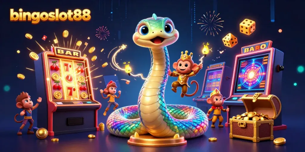 Gambarkan keseruan bingoslot88 dengan simbol slot, karakter, dan efek magis yang menarik.