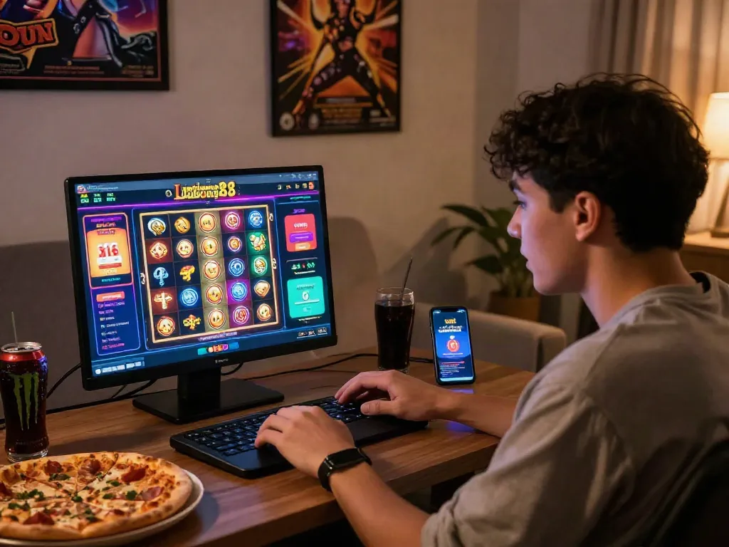 Excited user playing lumbung88 slot games on a laptop in a cozy setting.