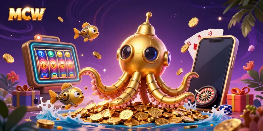 MCW showcases a golden kraken submarine amidst vibrant casino-themed elements, perfect for online betting enthusiasts.