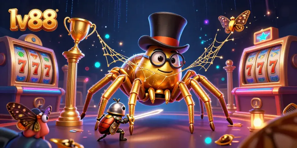 Engage with adventurous casino thrills at lv88 featuring a giant tarantula and knight in an immersive web of excitement.