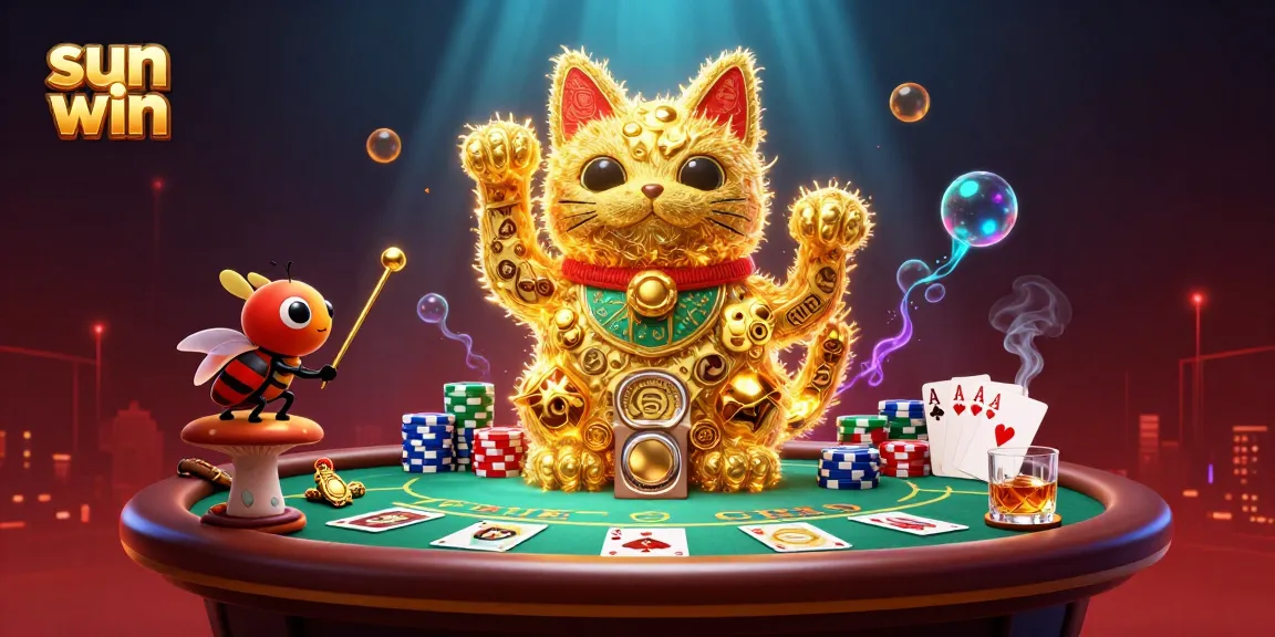 Experience the thrill of sun win with a dynamic illustration showcasing a giant lucky cat made of golden fireflies amidst casino elements.