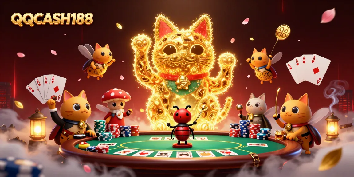 Engage with exciting gaming at QQCASH188, featuring a vibrant illustration of a lucky cat and poker elements.