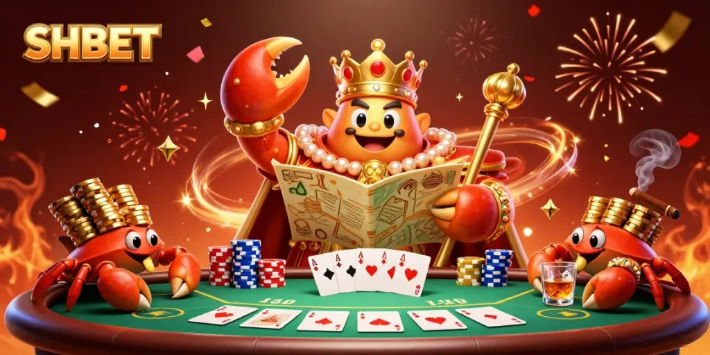 Experience thrilling SHBET casino action with a golden crab emperor and poker elements in a vibrant 3D scene