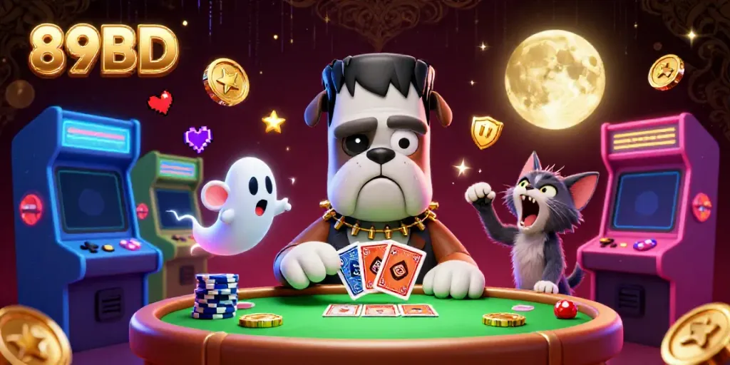 Play cards with 89BD's spooky casino characters amidst glowing arcade game elements.