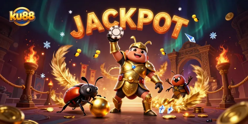 ku88 players celebrate a jackpot with vibrant fireflies and golden elements in a dazzling casino scene.