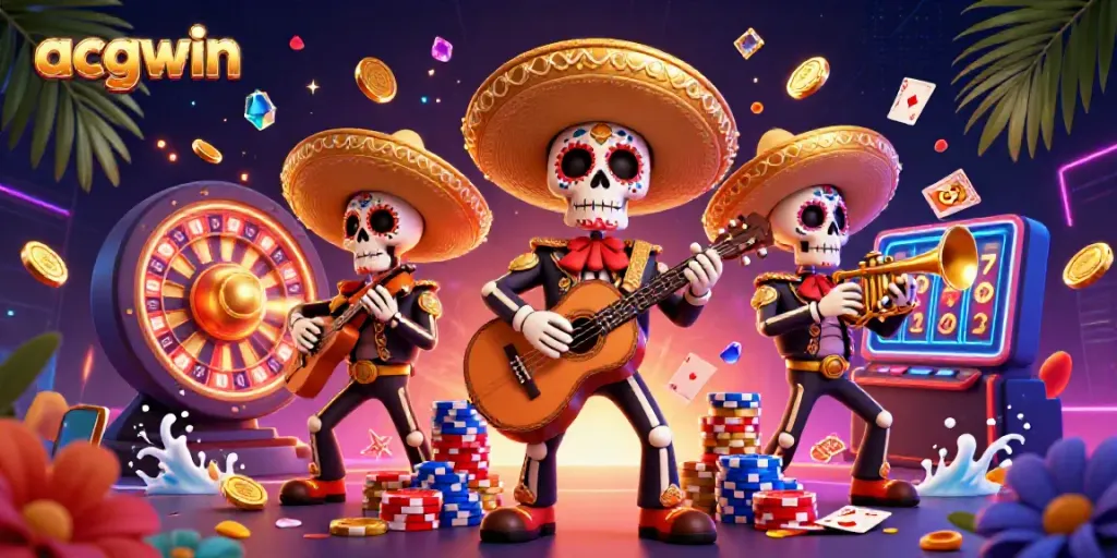 Experience the vibrant excitement of acgwin as Day of the Dead skeletons celebrate with a casino-themed scene.